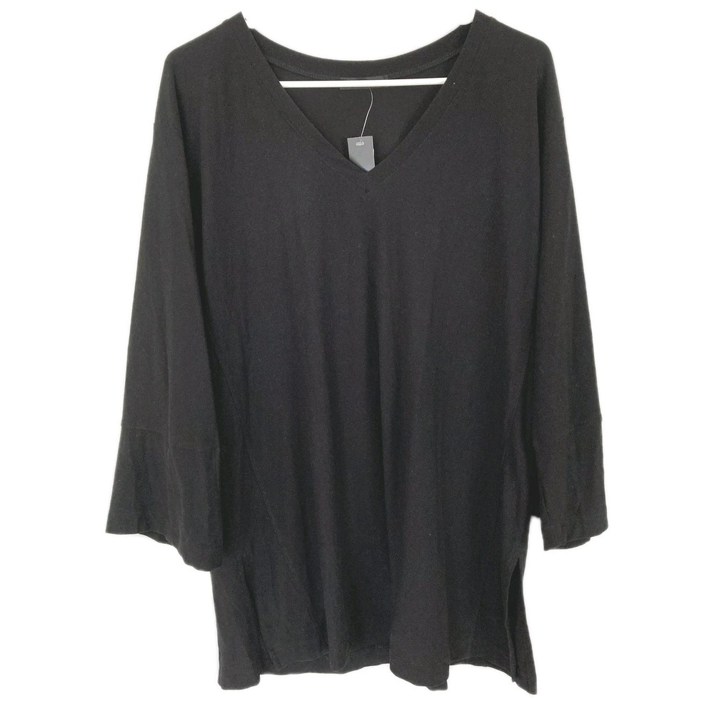 Nally & Millie Tunic Top Women L/XL Black V Neck 3/4 Bell Sleeve USA Stretch NWT